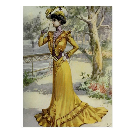 Victorian Lady–Vintage French Fashion–Yellow Dress Postcard