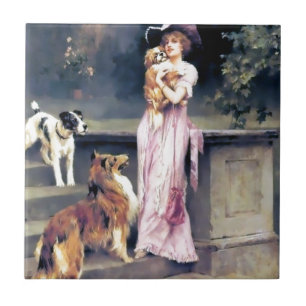 Victorian lady with dog pets tile