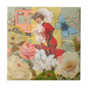 Victorian Lady Woman Elegant Rich Red Illustration Ceramic Tile