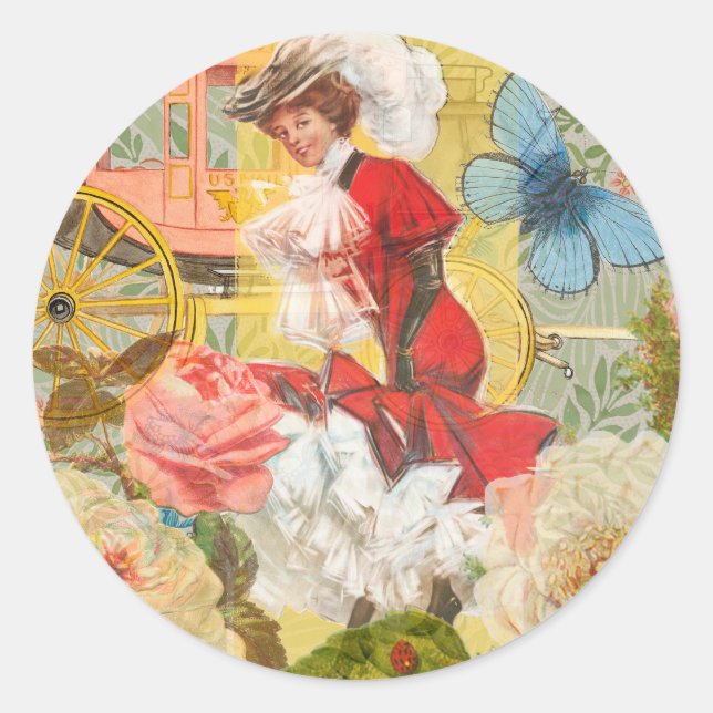 Victorian Lady Woman Fun Carriage Classic Round Sticker (Front)