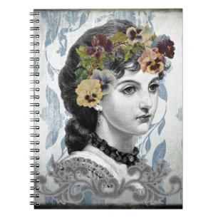 Victorian Lady Woman Pansies on Tapestry Notebook