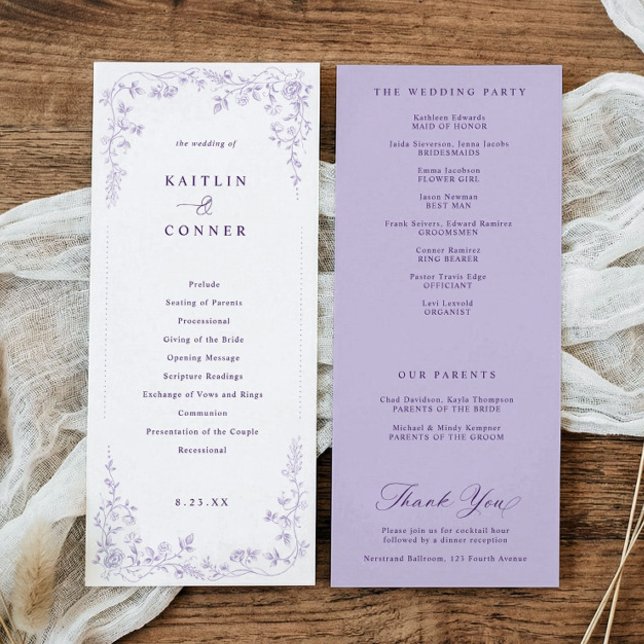 Victorian Lavender Purple French Floral Wedding Program (Lavender wedding program with vintage French chinoiserie floral elements)