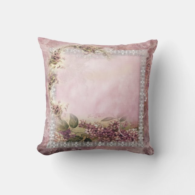 Victorian Lilacs w White Lace Frame lavender pink Cushion (Front)