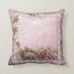Victorian Lilacs w White Lace Frame lavender pink Cushion