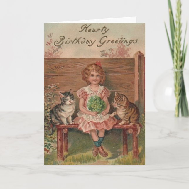 Victorian Little Girl and Kittens Birthday Card (Front)