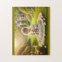 Victorian Little Girl with Bunny & Eggs Easter 