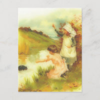 Victorian little girls playing by a stream