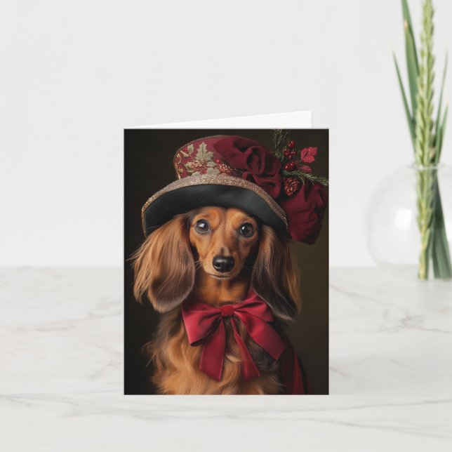 Victorian Long Haired Dachshund Christmas Holiday Card (Front)