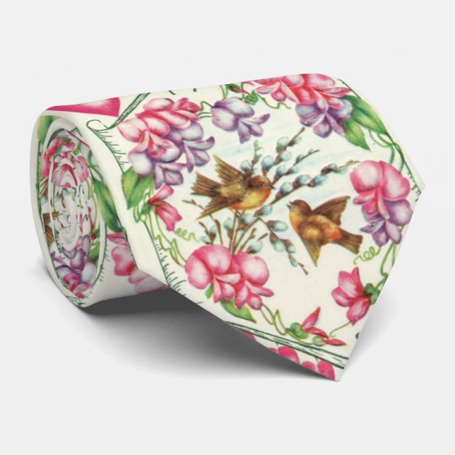 Victorian Love Birds Vintage Valentine's Day Tie (Rolled)