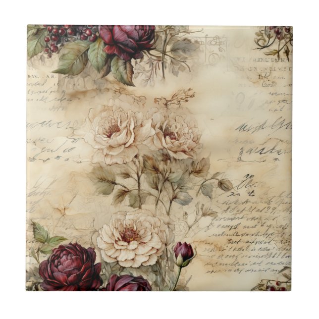 Victorian Love Letter Floral Parchment Ceramic Tile (Front)