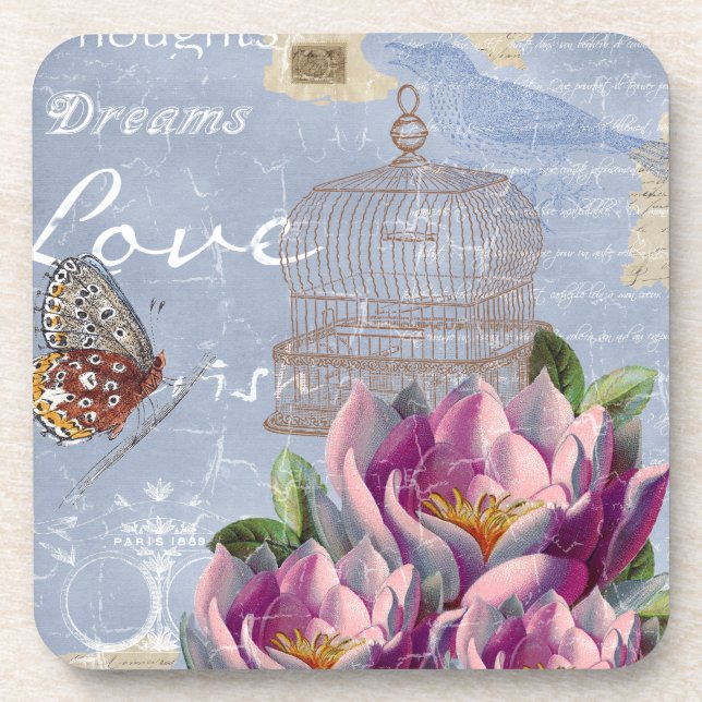 Victorian Love Thoughts Dreams Butterfly Bird Cage Coaster (Front)