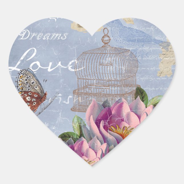 Victorian Love Thoughts Dreams Butterfly Bird Cage Heart Sticker (Front)
