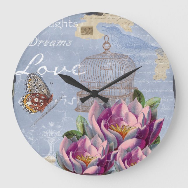 Victorian Love Thoughts Dreams Butterfly Bird Cage Large Clock (Front)