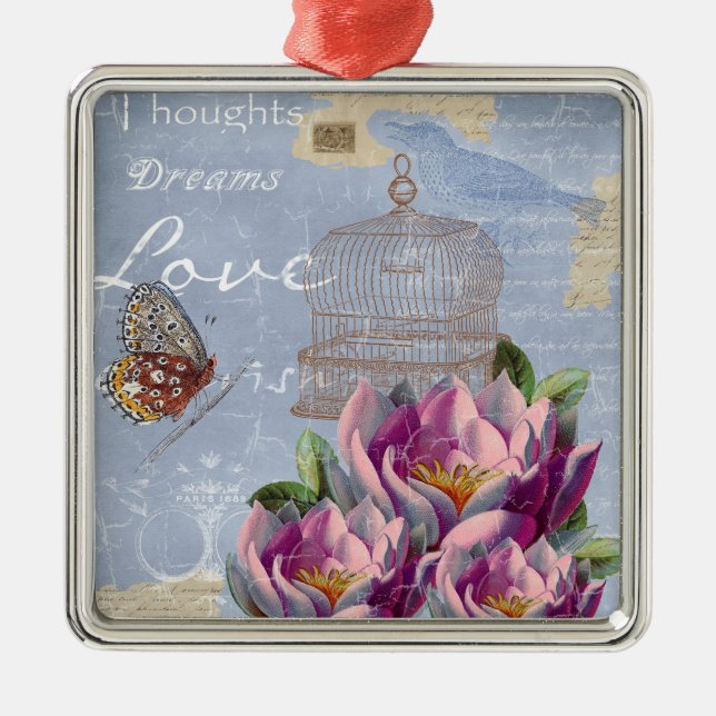 Victorian Love Thoughts Dreams Butterfly Bird Cage Metal Ornament (Front)