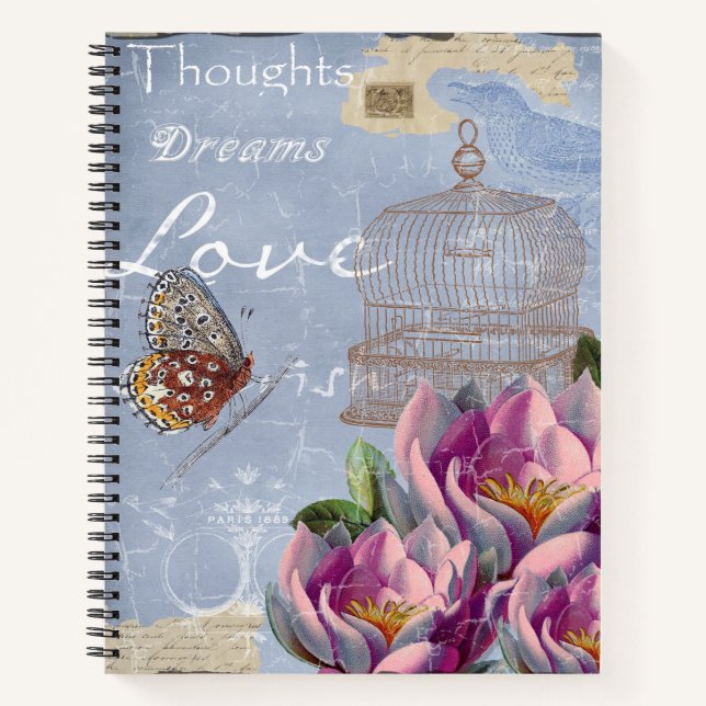 Victorian Love Thoughts Dreams Butterfly Bird Cage Notebook (Front)