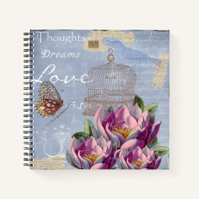 Victorian Love Thoughts Dreams Butterfly Bird Cage Notebook (Front)