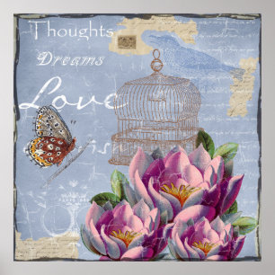 Victorian Love Thoughts Dreams Butterfly Bird Cage Poster