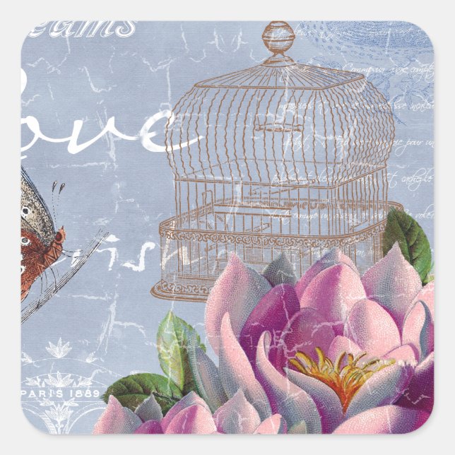 Victorian Love Thoughts Dreams Butterfly Bird Cage Square Sticker (Front)