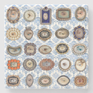 Victorian Lover's Eye in blue and white damask Stone Coaster
