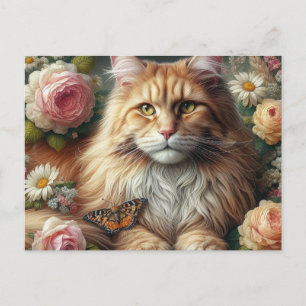 Victorian Maine Coon Cat with Pink Roses Postcard