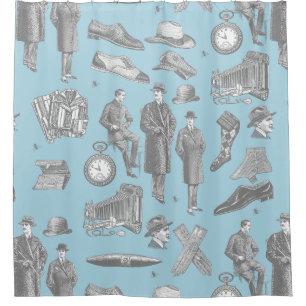 victorian men's style antique menswear toile blue shower curtain