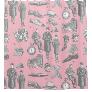 victorian men's style antique menswear toile pink shower curtain