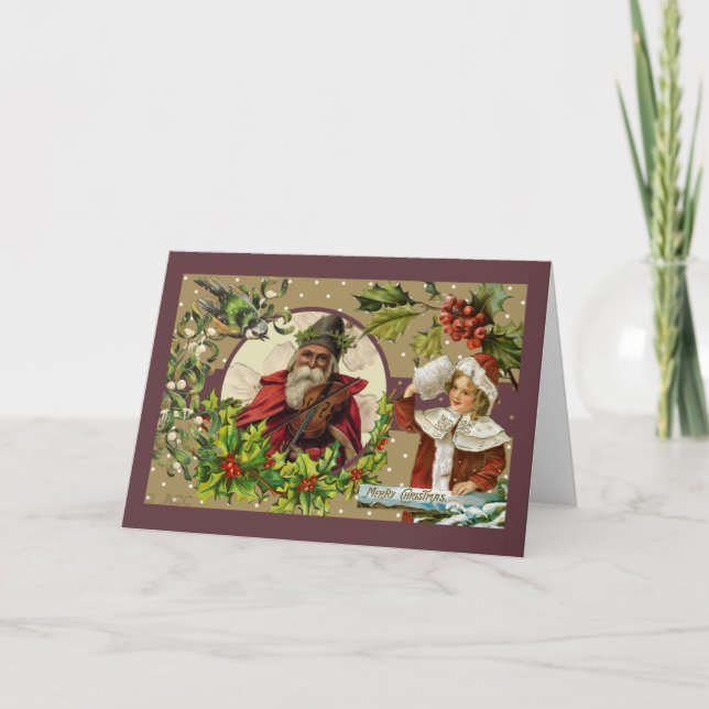 Victorian Merry Christmas Santa Girl Bird Holiday Card (Front)