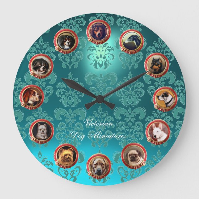 VICTORIAN MINIATURE DOG PORTRAITS Teal Blue Damask Large Clock (Front)