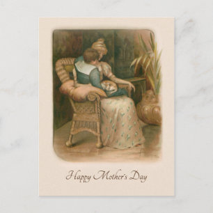 Victorian Mother and Son in Chair Holiday Postcard