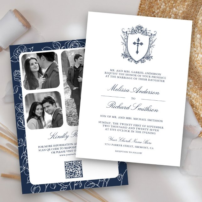 Victorian Navy Blue Catholic QR Code Wedding Invitation (Creator Uploaded)