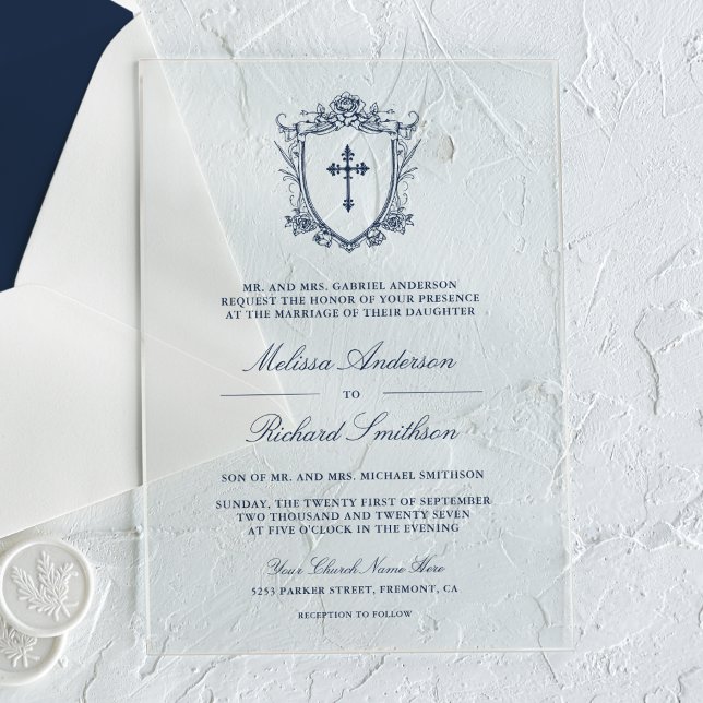 Victorian Navy Blue Catholic Wedding Acrylic Invitations (Creator Uploaded)