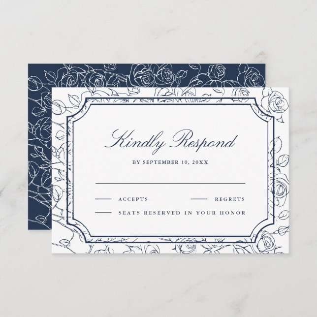 Victorian Navy Blue Floral Line Art Wedding RSVP Card (Front/Back)