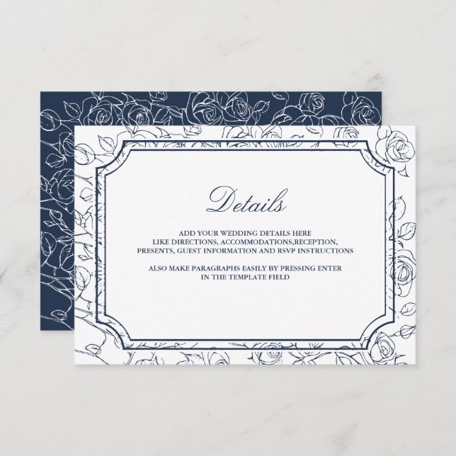 Victorian Navy Blue Line Art Wedding Details Enclosure Card (Front/Back)