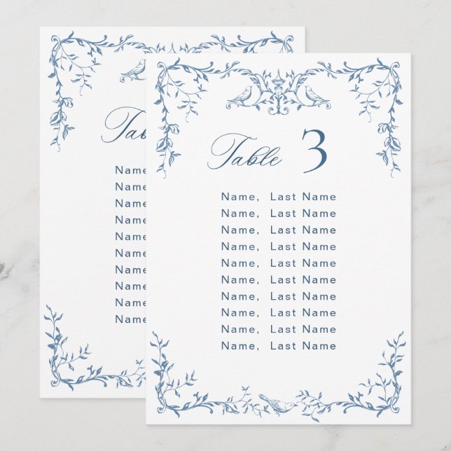 Victorian Ornate Blue Wedding Seating Chart Card (Front/Back)