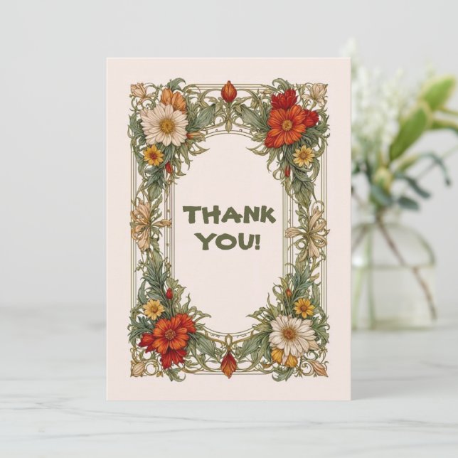 Victorian Ornate Border with Wildflower Wedding Thank You Card (Standing Front)