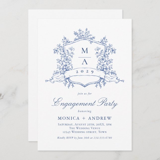 Victorian Ornate Crest Engagement Party QR code Invitation (Front/Back)