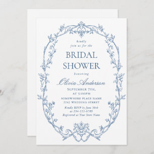 Victorian Ornate Dusty Blue Bridal Shower QR code Invitation