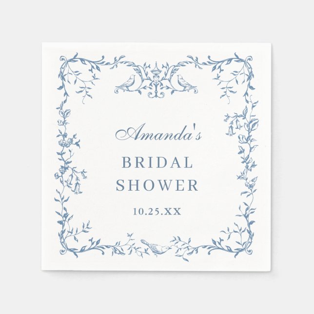 Victorian Ornate Dusty Blue Floral Bridal Shower Napkin (Front)