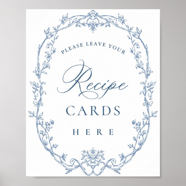 Victorian Ornate Dusty Blue Floral Recipe Cards Poster (Front)