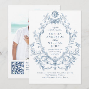 Victorian Ornate Floral Dusty Blue QR code Wedding Invitation