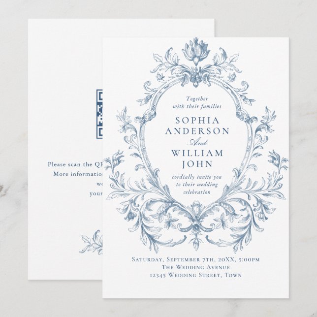 Victorian Ornate Floral Dusty Blue QR code Wedding Invitation (Front/Back)