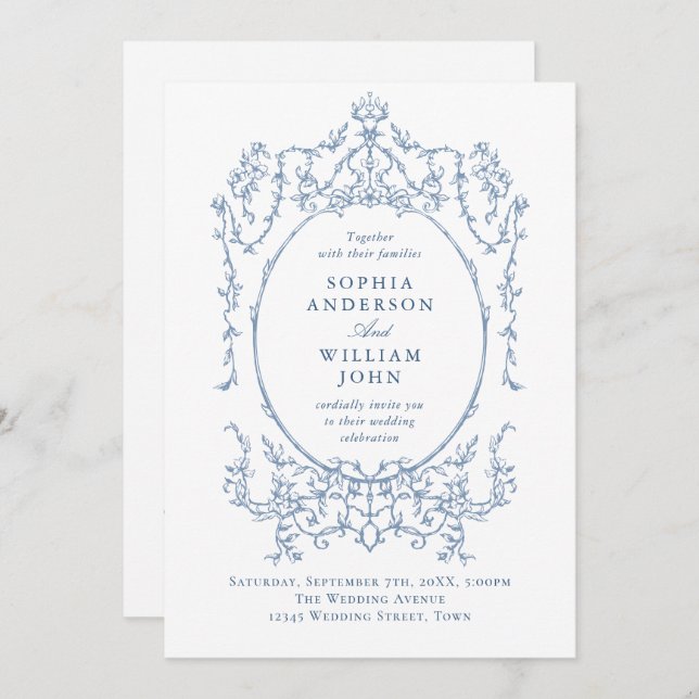 Victorian Ornate Floral Dusty Blue QR code Wedding Invitation (Front/Back)