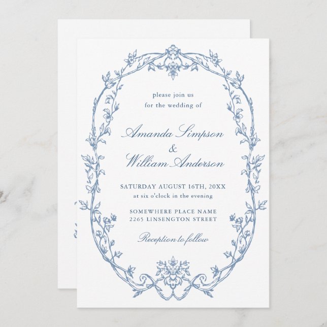 Victorian Ornate Floral Dusty Blue QR code Wedding Invitation (Front/Back)