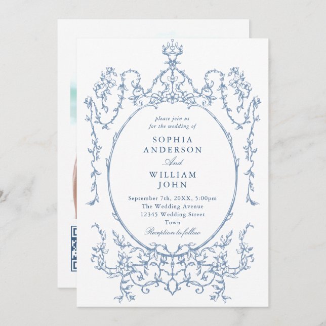 Victorian Ornate Floral Dusty Blue QR code Wedding Invitation (Front/Back)