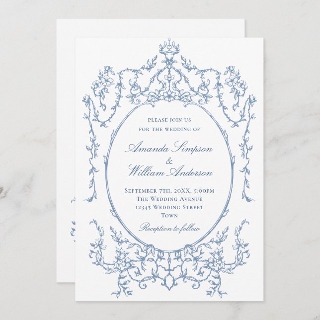 Victorian Ornate Floral Dusty Blue QR code Wedding Invitation (Front/Back)