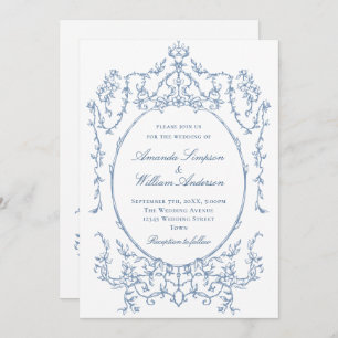 Victorian Ornate Floral Dusty Blue QR code Wedding Invitation