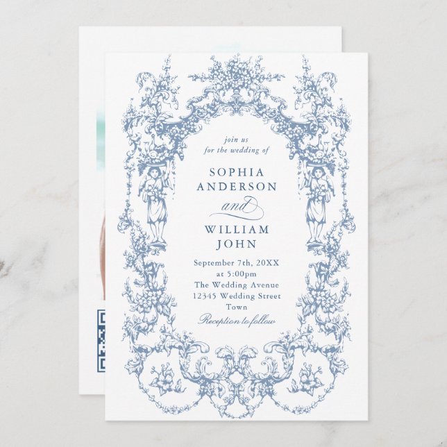 Victorian Ornate Floral Dusty Blue QR code Wedding Invitation (Front/Back)