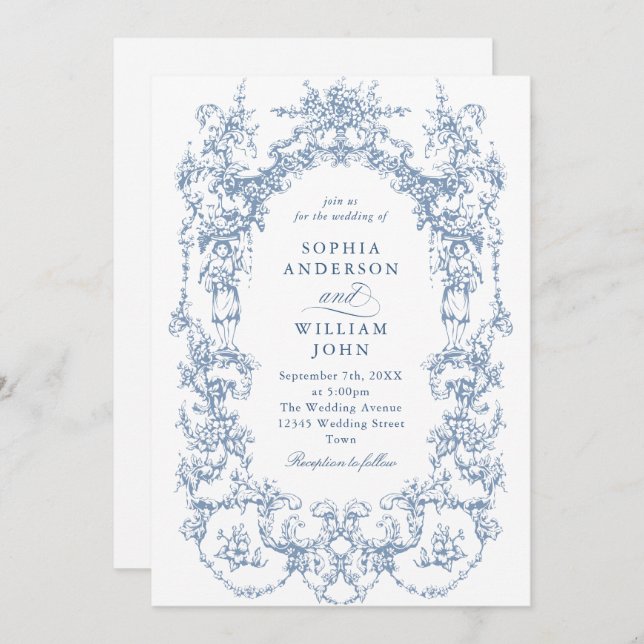 Victorian Ornate Floral Dusty Blue QR code Wedding Invitation (Front/Back)