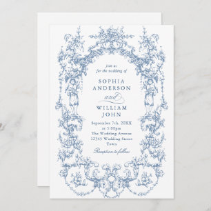 Victorian Ornate Floral Dusty Blue QR code Wedding Invitation