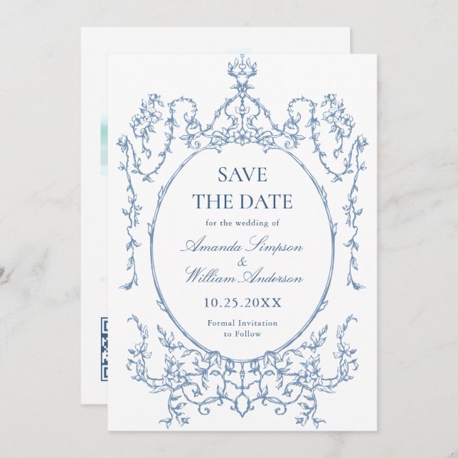 Victorian Ornate Floral Dusty Blue Wedding Photo Save The Date (Front/Back)